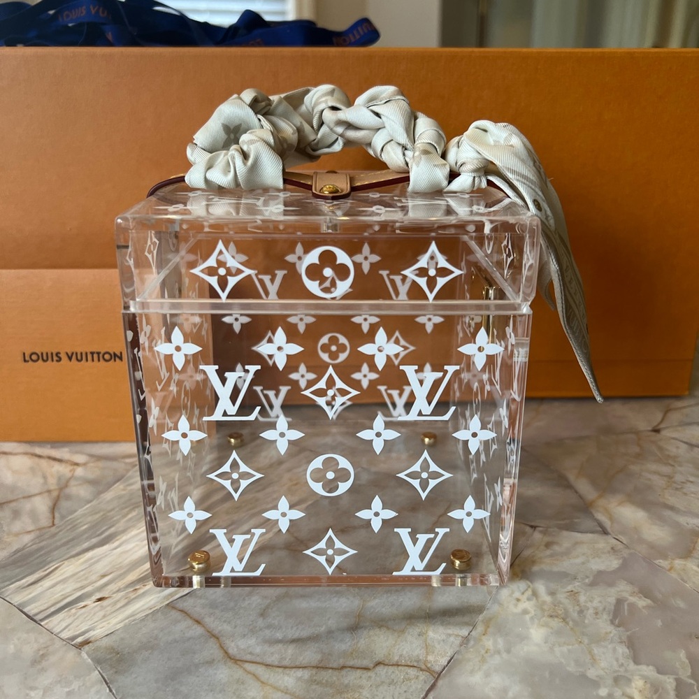 Authentic Louis Vuitton Clear Acrylic Box Bag White Monogram & Free LV Scarf
